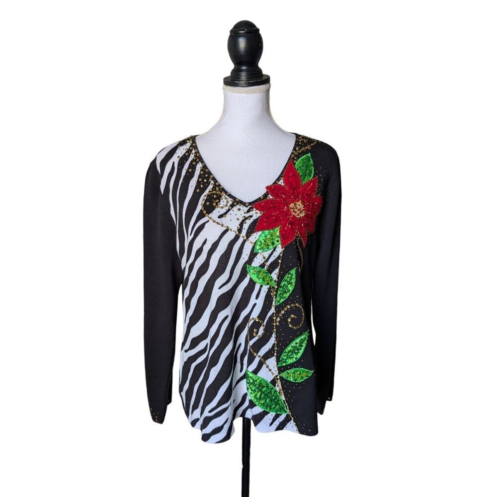 Berek Christmas Beaded V Neck Sweater Size Large Poinsettia Zebra Print Gold